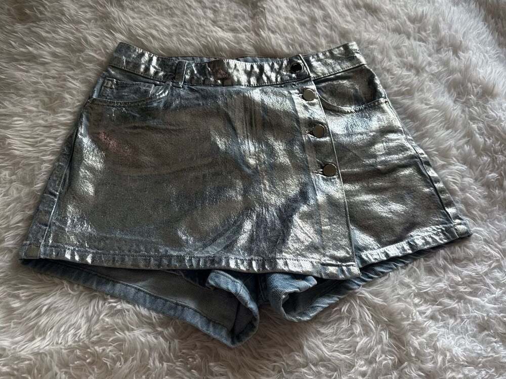 ZARA Metallic Silver Asymmetric Button Skort Shorts